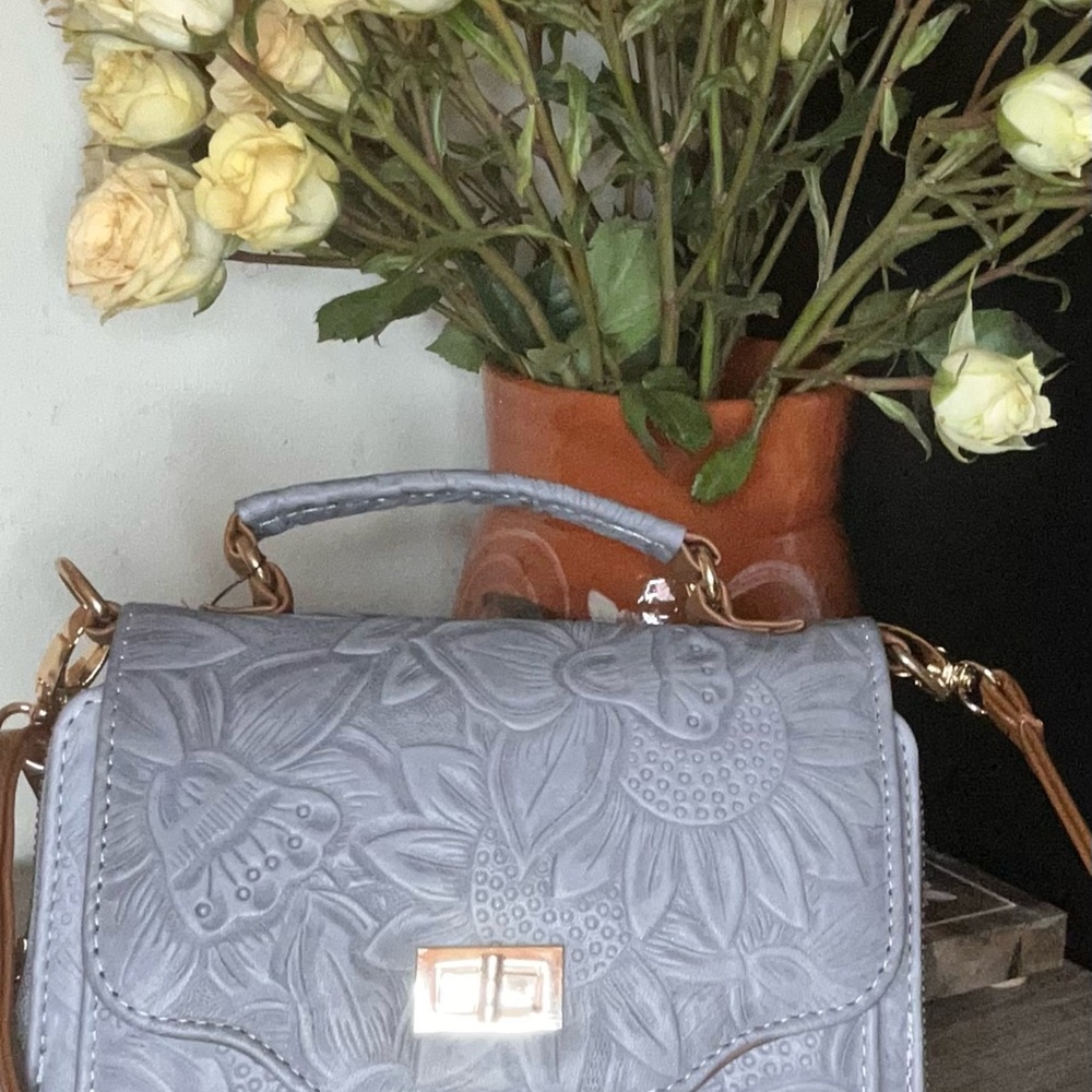 Cielo Embossed Floral Satchel in Gray with Gold Hardware - Picture 3 of 4